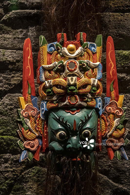 多彩贵州历史文化展：安顺地戏《三国演义》面具：夏侯惇（2010年，木，征集，贵州省博物馆藏）图片素材