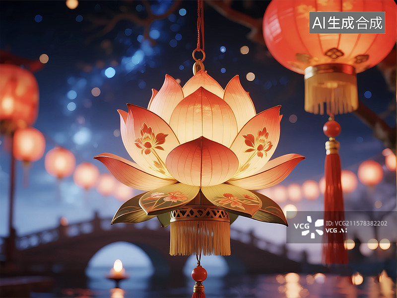 【AI数字艺术】夜晚河灯荷花灯特写中元节祭祖图片素材