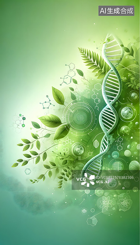 【AI数字艺术】绿色背景下的DNA链与植物的特写图片素材
