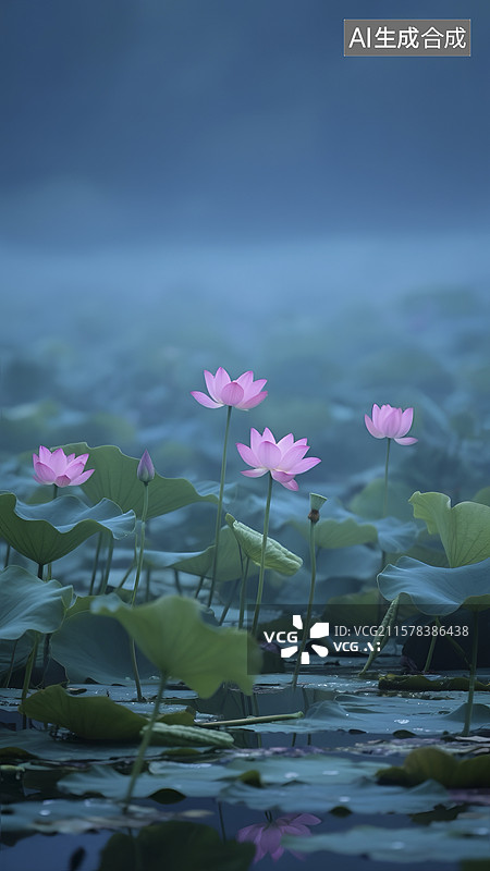 【AI数字艺术】雾中绽放的粉色荷花与荷叶景观图片素材