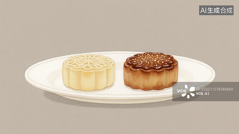 【AI数字艺术】八月十五中秋节碟子装着2个月饼与传统水彩插画创意抽象商业背景白莲蓉蛋黄叉烧夜晚文化传统思念习俗祝福图片素材