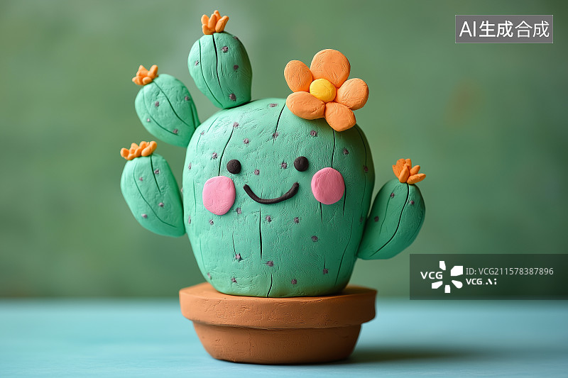 【AI数字艺术】可爱粘土仙人掌工艺品，微笑面对生活图片素材