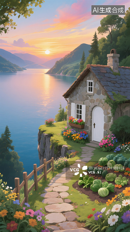 【AI数字艺术】悬崖边的石头房，白色的门和窗框，窗边有花箱，屋旁是菜园，种着蔬菜，一条石板小径通向悬崖边缘，木栅栏图片素材