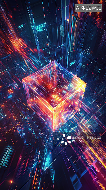 【AI数字艺术】幻彩镭射光线与全息量子魔方商务科技背景图片素材