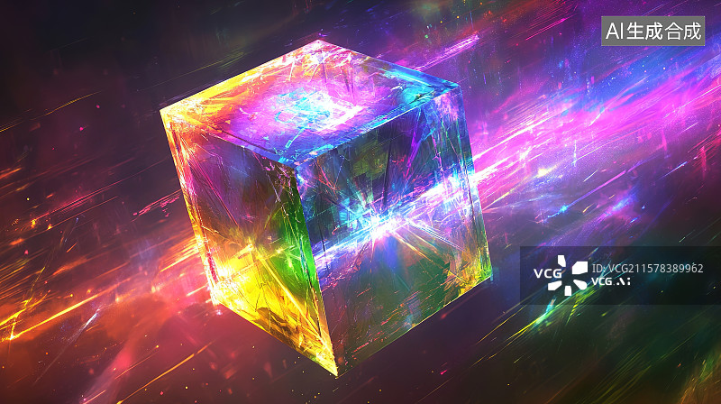 【AI数字艺术】幻彩镭射光线与全息量子魔方商务科技背景图片素材