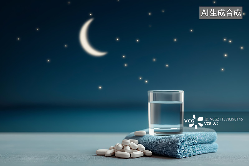 【AI数字艺术】宁静夜晚中的安眠药与水图片素材