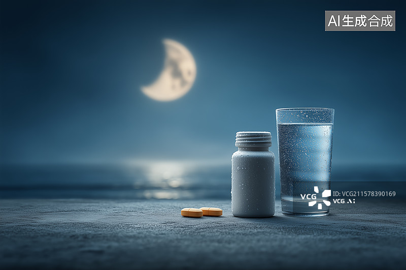 【AI数字艺术】宁静夜晚中的安眠药与纯净水图片素材