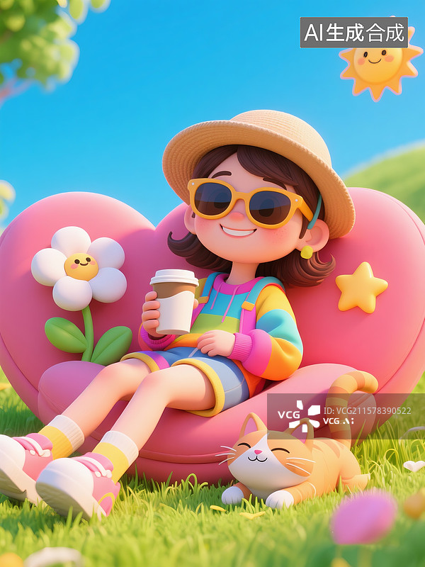 【AI数字艺术】坐在草地沙发上的女孩图片素材