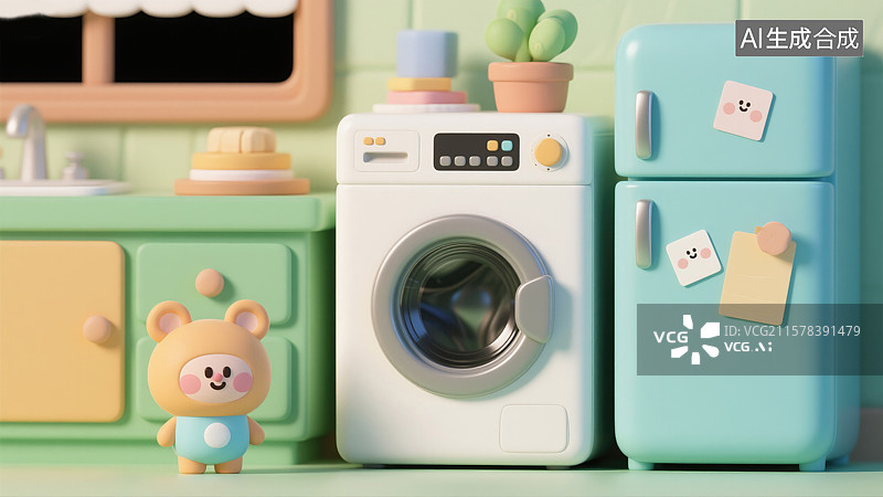 【AI数字艺术】现代家电洗衣机和冰箱的3D创意插画广告和设计的抽象商业背景商务演示和出版物图片素材