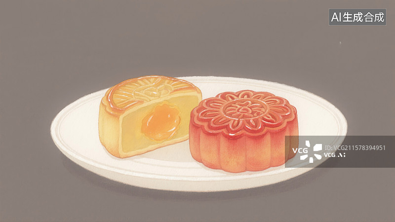 【AI数字艺术】八月十五中秋节碟子装着2个月饼与传统水彩插画创意抽象商业背景白莲蓉蛋黄叉烧夜晚文化传统思念习俗祝福图片素材