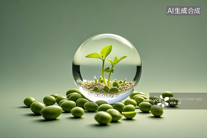 【AI数字艺术】水晶球中的发芽豆芽菜图片素材