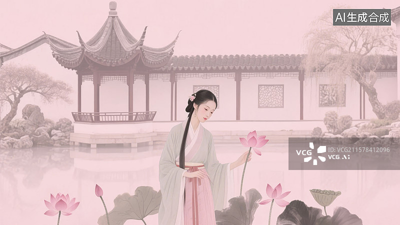 【AI数字艺术】古典园林中女子赏荷图片素材