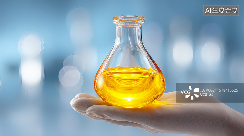 【AI数字艺术】一只手拿着一个发光的实验烧杯图片素材