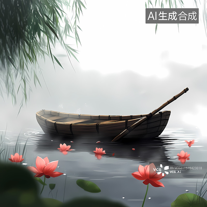 【AI数字艺术】夏日荷塘泛舟石柱插图图片素材