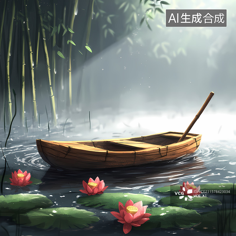【AI数字艺术】夏日荷塘泛舟石柱插图图片素材