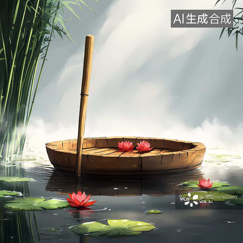 【AI数字艺术】夏日荷塘泛舟石柱插图图片素材