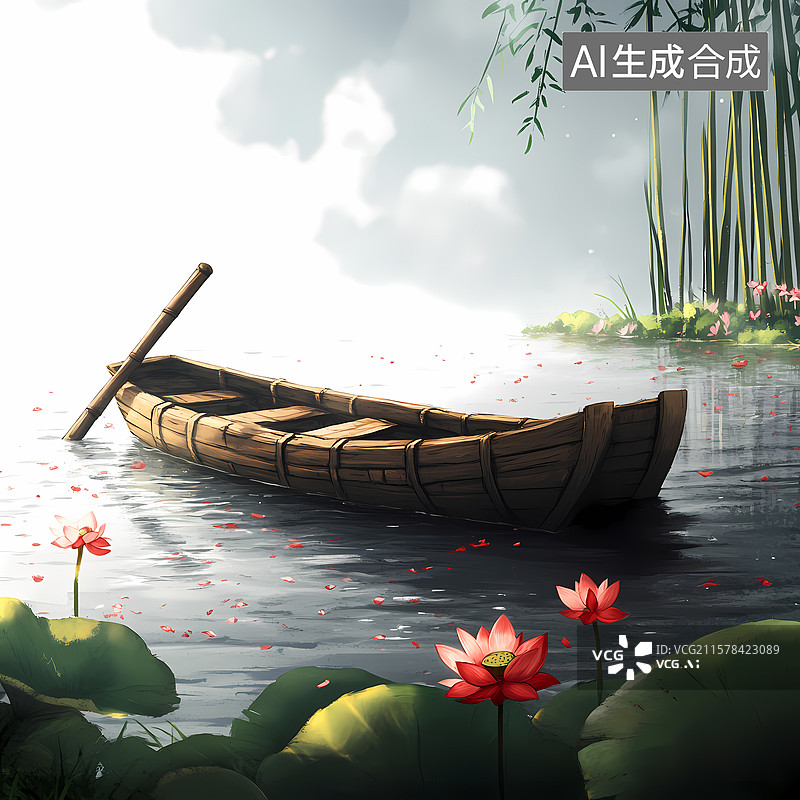 【AI数字艺术】夏日荷塘泛舟石柱插图图片素材