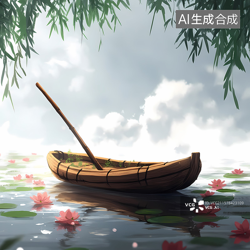 【AI数字艺术】夏日荷塘泛舟石柱插图图片素材