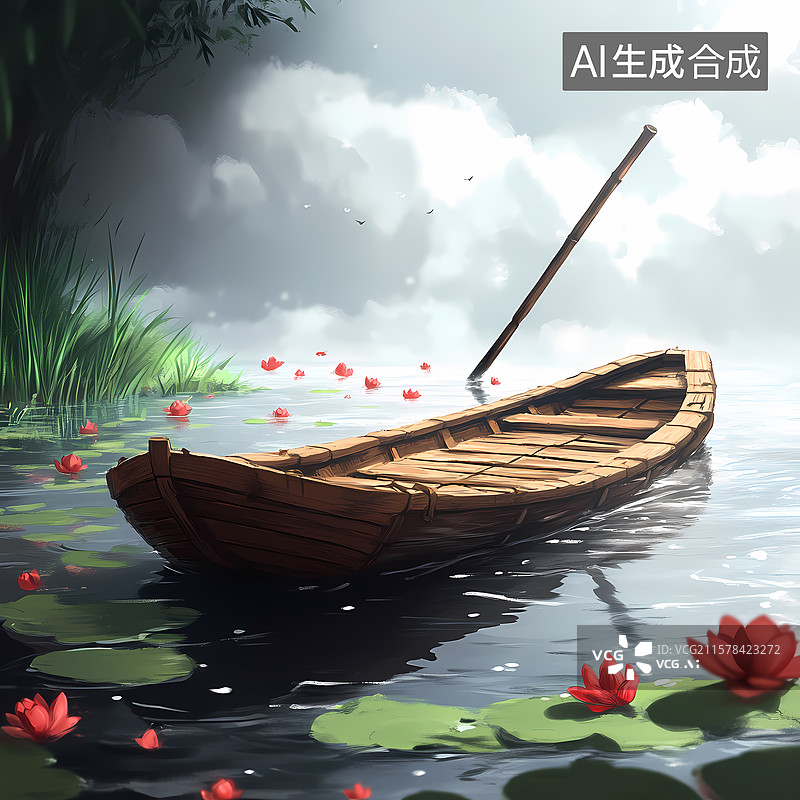 【AI数字艺术】夏日荷塘泛舟石柱插图图片素材