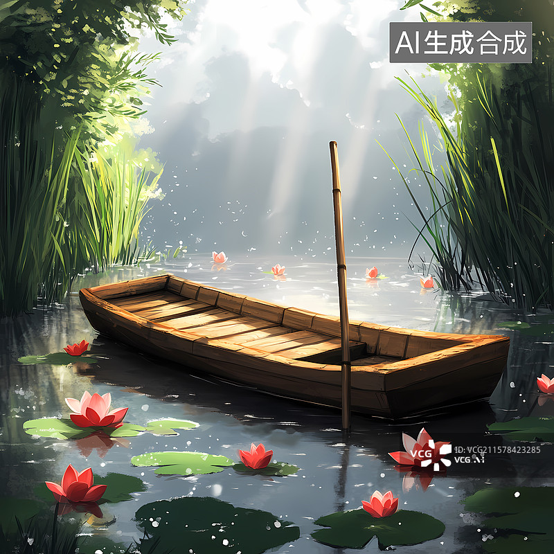 【AI数字艺术】夏日荷塘泛舟石柱插图图片素材