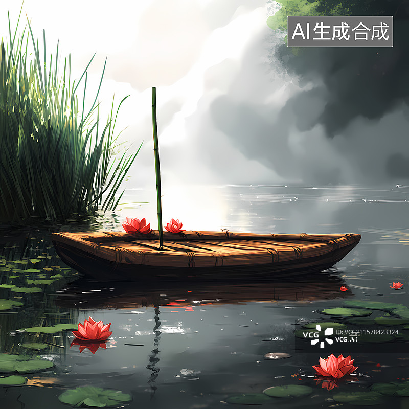 【AI数字艺术】夏日荷塘泛舟石柱插图图片素材