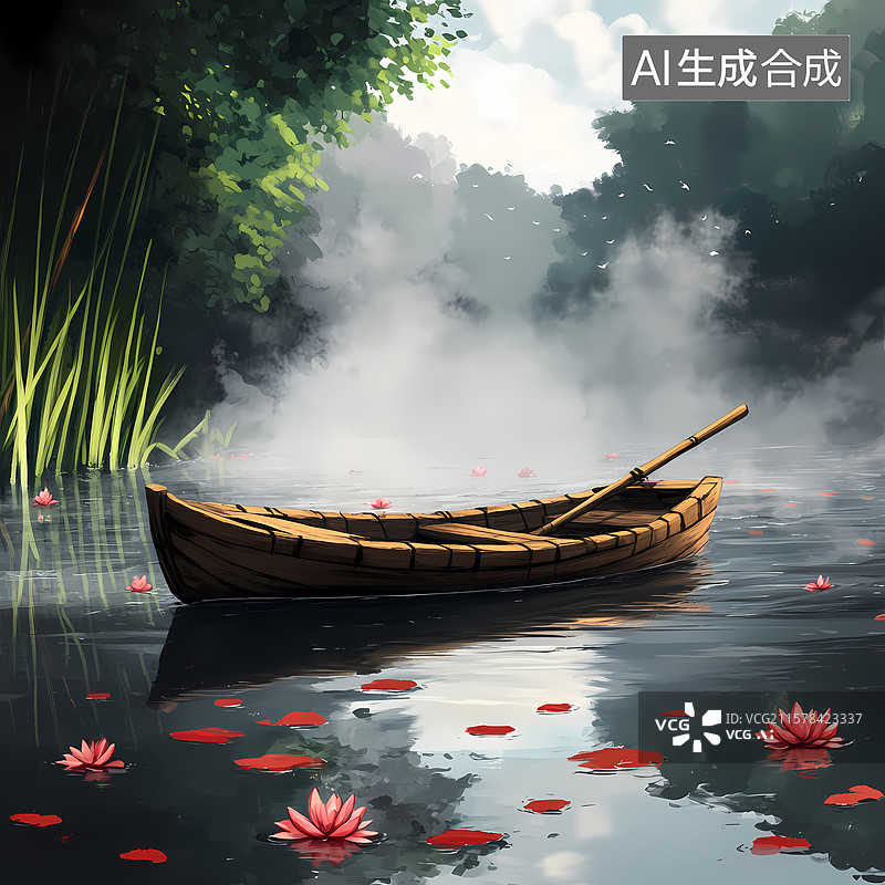 【AI数字艺术】夏日荷塘泛舟石柱插图图片素材