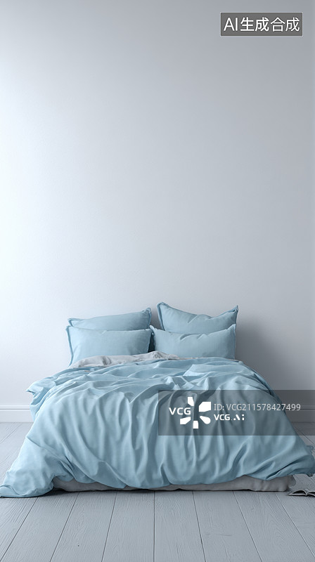 【AI数字艺术】简约卧室中的浅蓝色床品图片素材