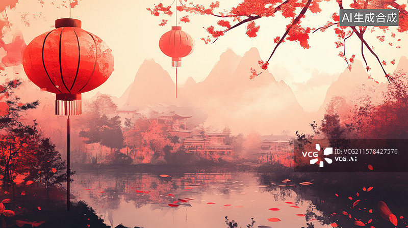 【AI数字艺术】红灯笼映衬下的山水景观图片素材