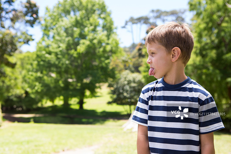男孩站在阳光明媚的公园右侧，穿着蓝白相间的衬衫，吐着舌头，留有空白空间。图片素材