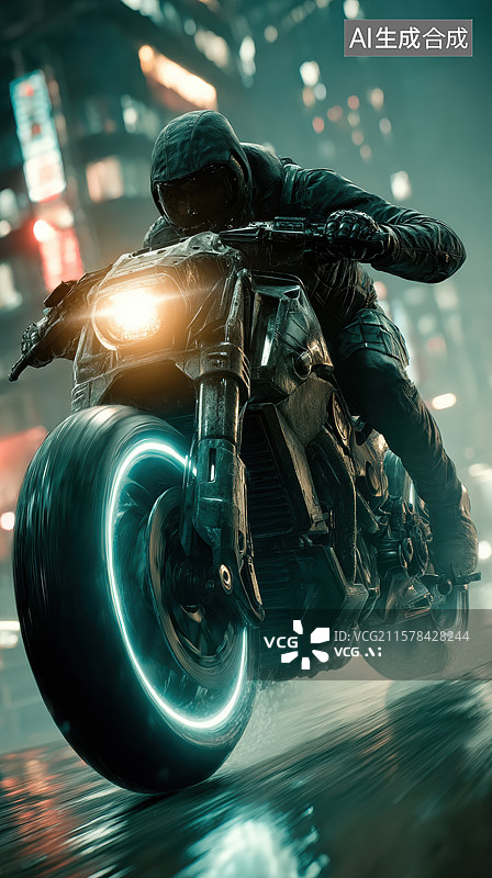 【AI数字艺术】夜景中疾驰的未来摩托车图片素材