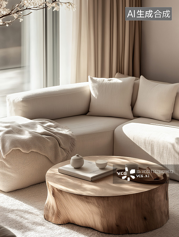 【AI数字艺术】白色原木风现代简约室内沙发客厅场景图片素材