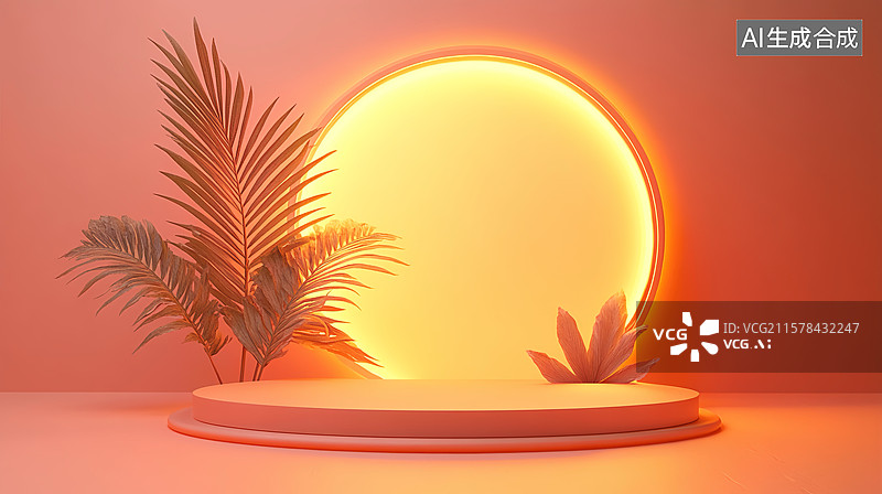 【AI数字艺术】热带日落电商产品展台活力舞台橙色背景图片素材