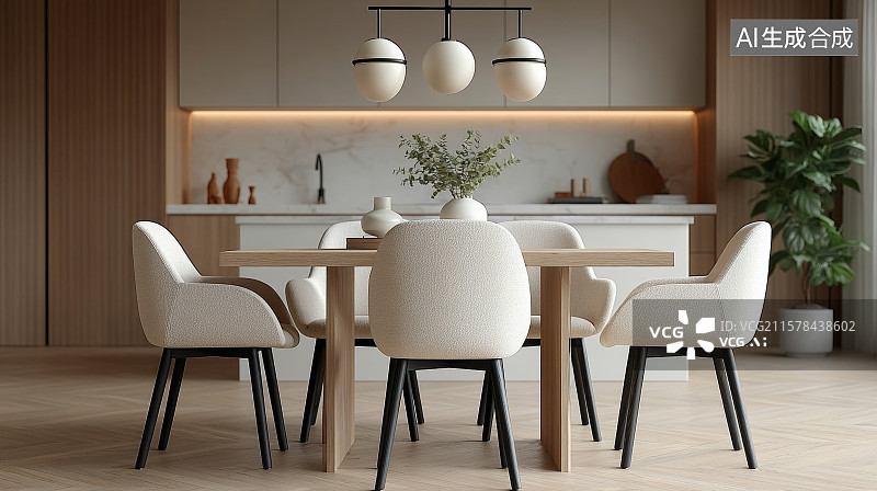 【AI数字艺术】现代简约风格厨房与餐椅场景图片素材