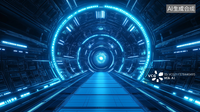 【AI数字艺术】蓝色商务机械光线科幻未来通道隧道插画背景图片素材