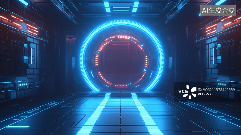 【AI数字艺术】蓝色商务机械光线科幻未来通道隧道插画背景图片素材