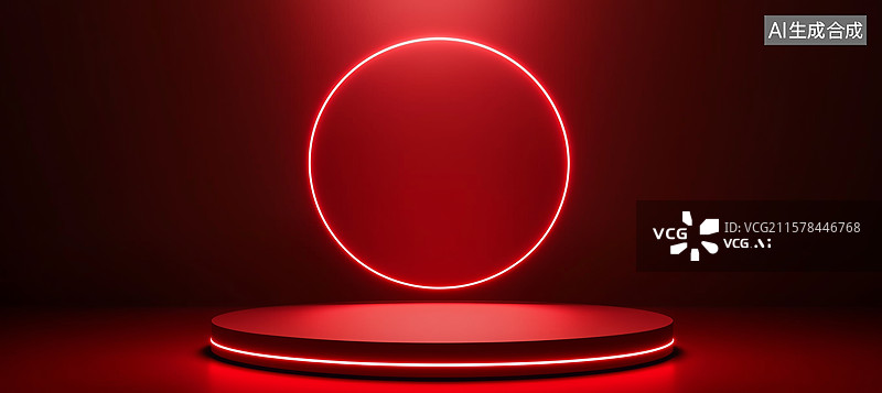 【AI数字艺术】红色霓虹圆环与圆形平台的现代场景图片素材