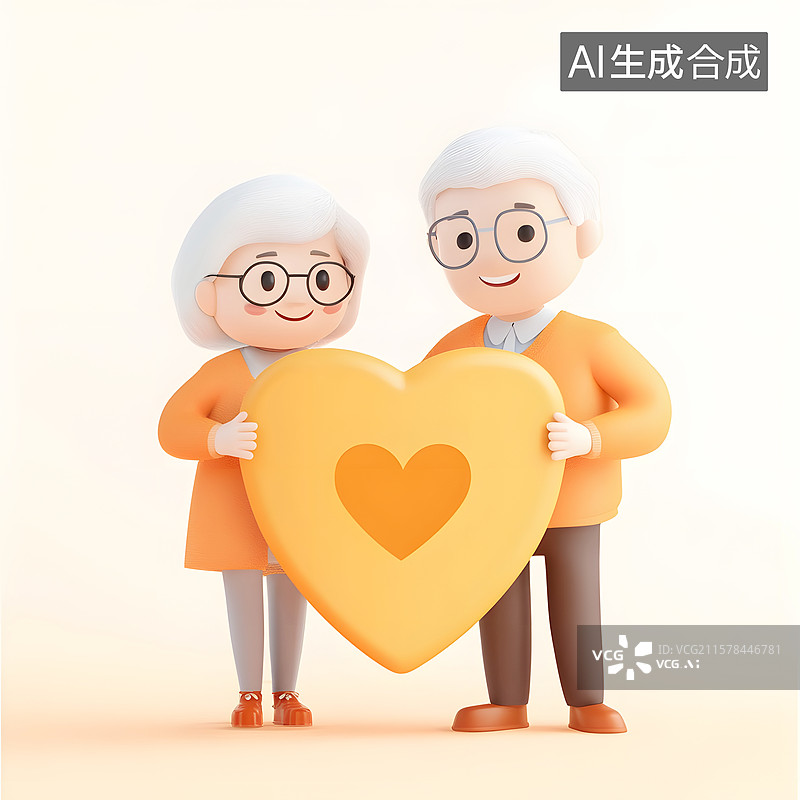 【AI数字艺术】AIGC：3D老年伴侣手拿爱心 养老金医疗保险健康保健图片素材