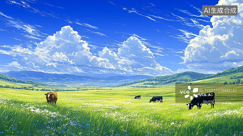 【AI数字艺术】蓝天白云下的草原牧场图片素材