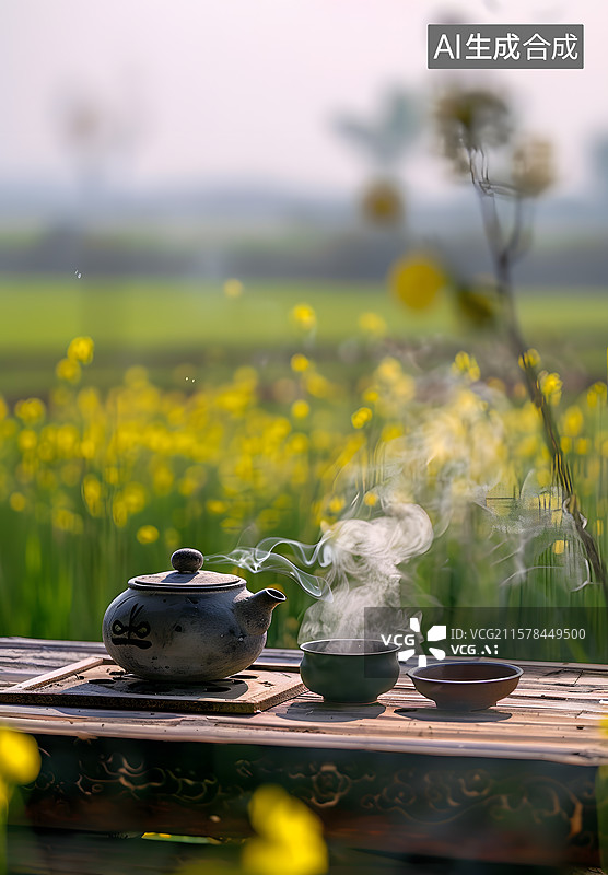 【AI数字艺术】田野旁边的茶壶茶具图片素材