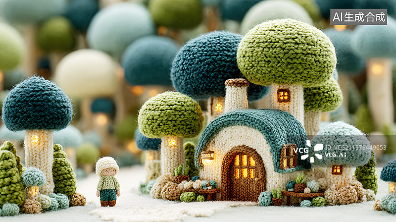 【AI数字艺术】AIGC：3D毛线风格森林中的小房子，童话故事，自愈系 背景插图图片素材