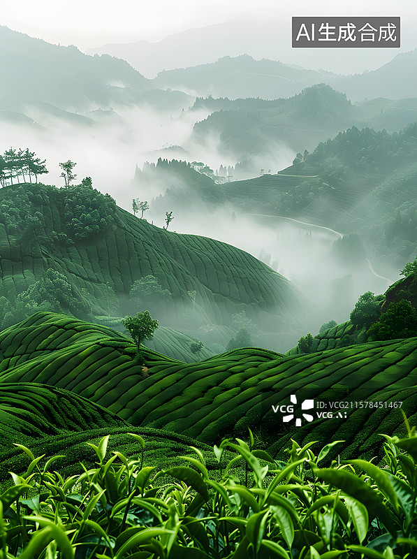 【AI数字艺术】浓雾中的茶山图片素材