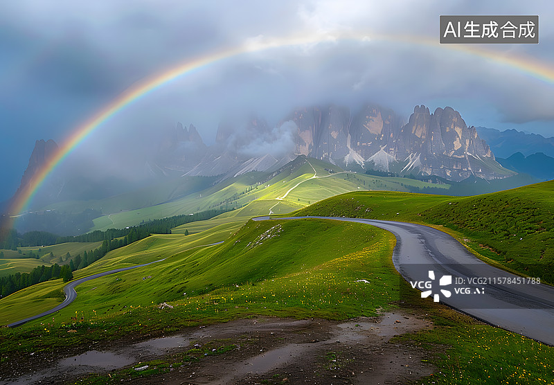 【AI数字艺术】彩虹下的高山和草原图片素材
