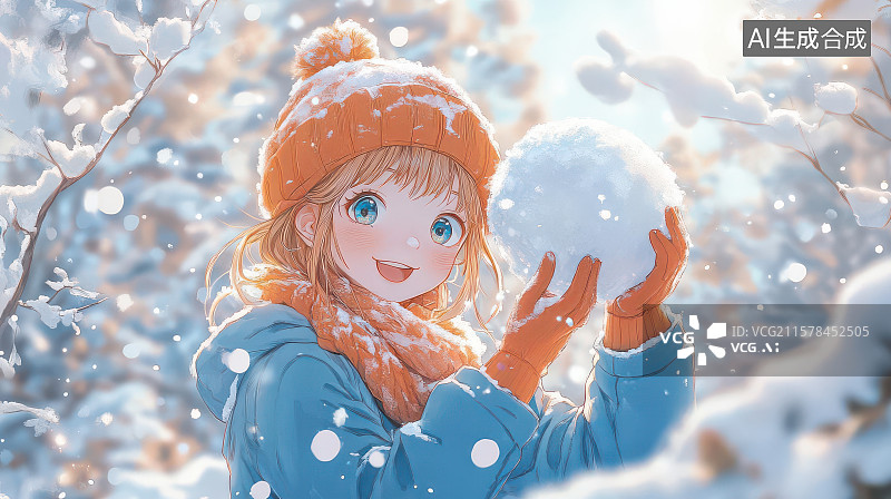 【AI数字艺术】雪景少女嬉戏雪球欢乐图图片素材
