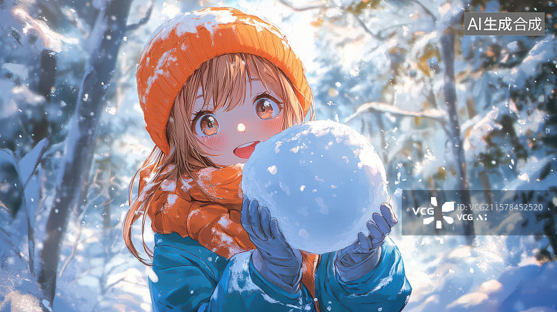【AI数字艺术】雪景少女嬉戏雪球欢乐图图片素材