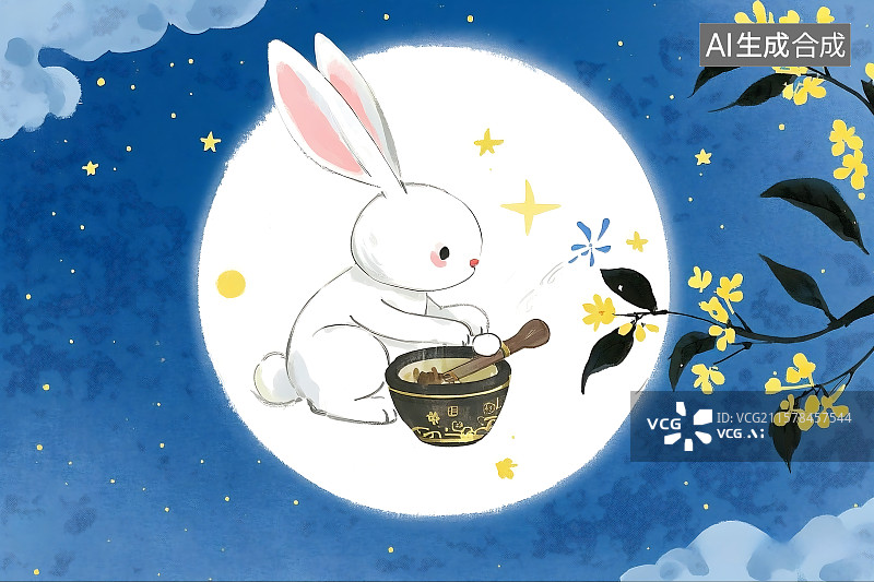 【AI数字艺术】玉兔捣药 嫦娥奔月 中国神话故事 中秋节 桂花 儿童卡通素材图片素材