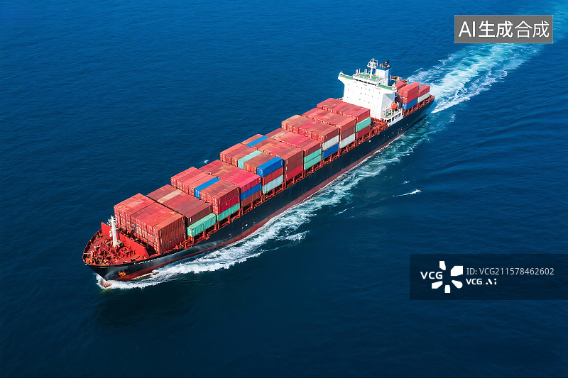 【AI数字艺术】巨型集装箱货轮在蓝色海洋中航行 超大型远洋货柜船 国际贸易 贸易战 关税 物流 电子商务 航运图片素材
