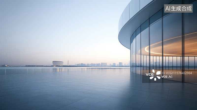 【AI数字艺术】平静水面旁边的玻璃幕墙建筑图片素材