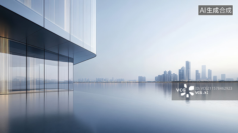 【AI数字艺术】平静水面旁边的玻璃幕墙建筑图片素材
