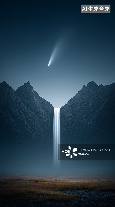【AI数字艺术】暗夜山水流星瀑布景观图片素材