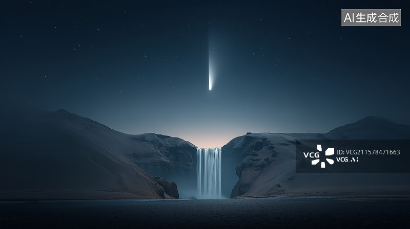 【AI数字艺术】暗夜山水流星瀑布景观图片素材